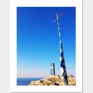 Greek flag waving on a blue and white pole with a cross Posters and Art